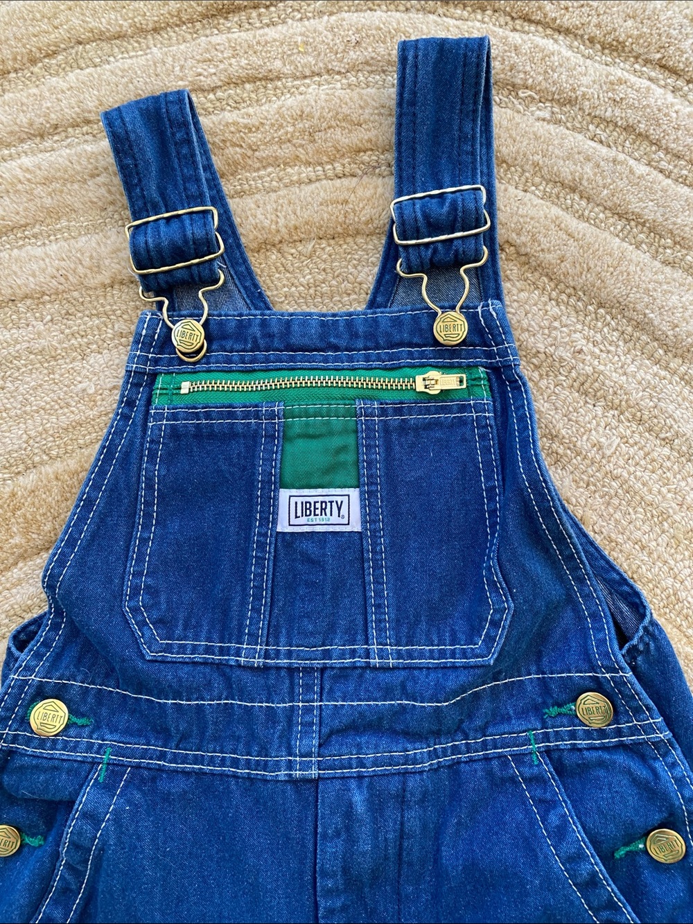 Unisex Liberty Blue Denim Overalls with Green Accents